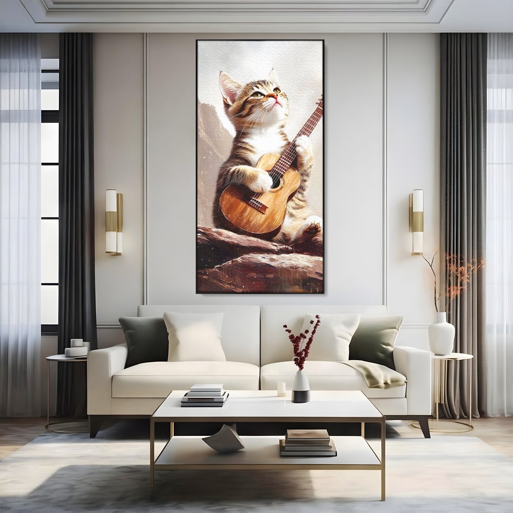 Tablou canvas cu tablou canvas cu pisica cantand la chitara, in rama de aluminiu negru, pe perete intr-un living